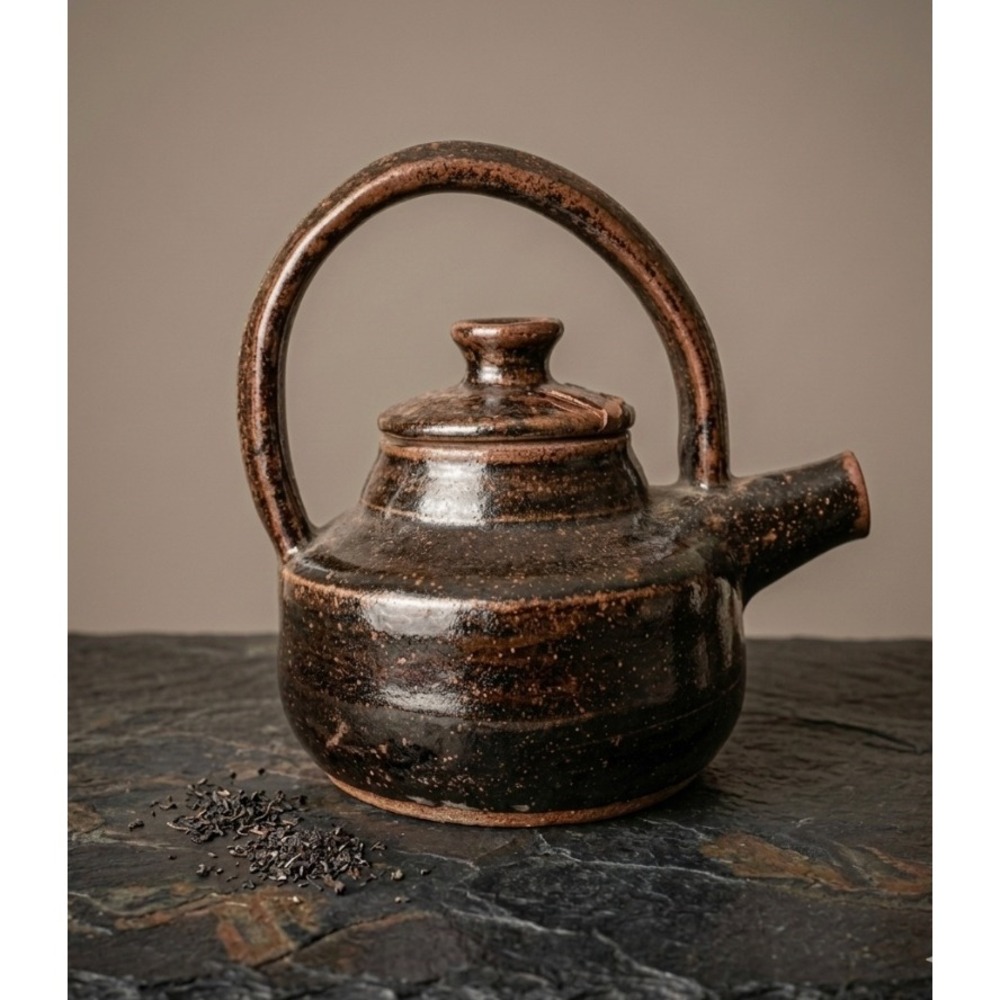 Artist Signed Studio Pottery Japan Tenmoku Teapot Brown Glaze Brutalist